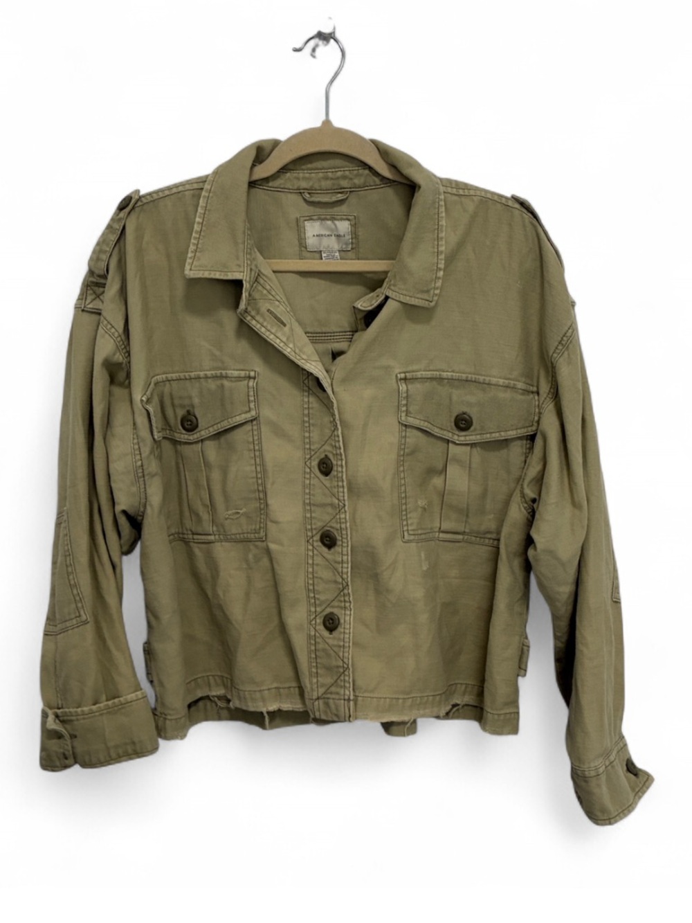 American Eagle Outfitters Light Green Oversized Utility Crop Button Down Shirt